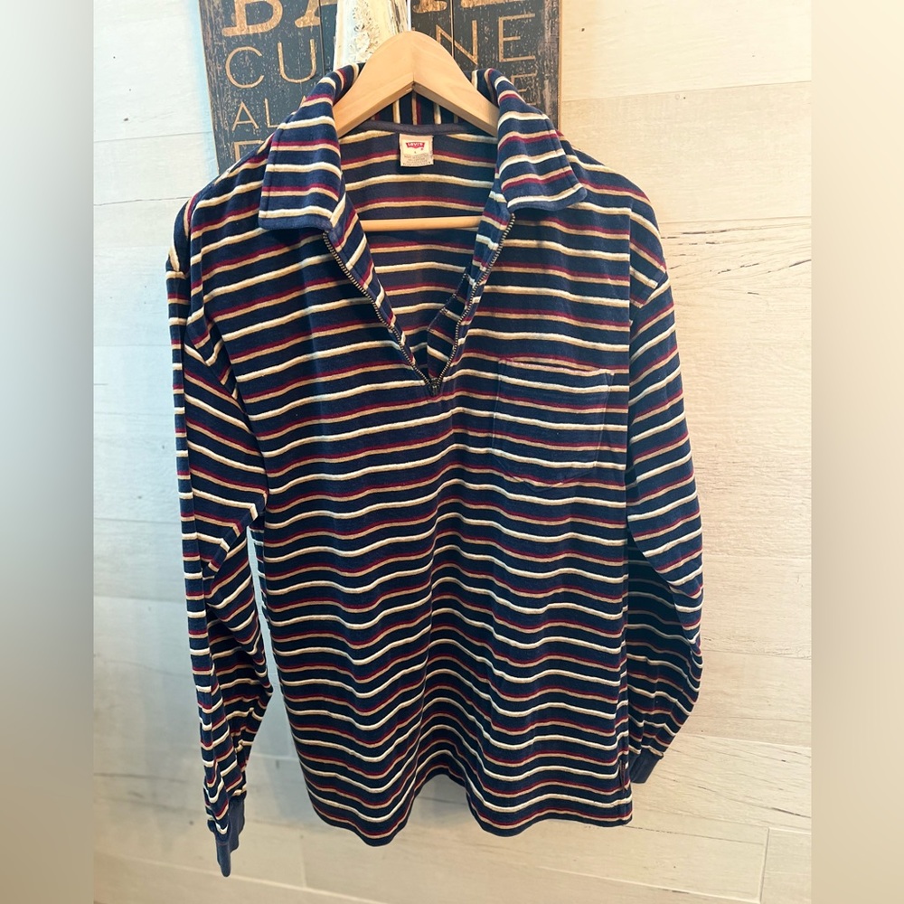 Vintage 90's Levi's Navy and Red Striped Zip-Up Sweater